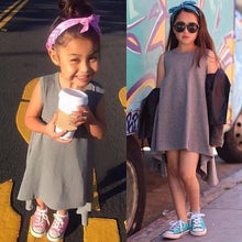 Kids Girls Cotton Rotating Dress Solid Color Sleeveless Off The Shoulder Asymmetrical Knee-length DressBlack Gray #3546