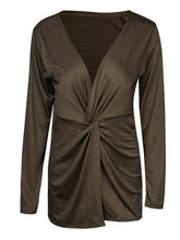 Kink Solid Cardigan Ruched Full Sleeve V-Neck Blouse Black Khaki Women Casual Blouse Autumn Women Slim Fall Tops Casual Blouses