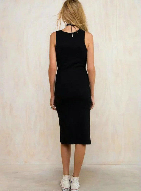 Knee Length Dress Solid V-Neck Empire Sashes Casual Black Dresses Summer Fashion Sexy 2017 New Style Double Side Slit Dress