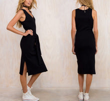 Knee Length Dress Solid V-Neck Empire Sashes Casual Black Dresses Summer Fashion Sexy 2017 New Style Double Side Slit Dress