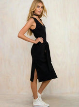 Knee Length Dress Solid V-Neck Empire Sashes Casual Black Dresses Summer Fashion Sexy 2017 New Style Double Side Slit Dress