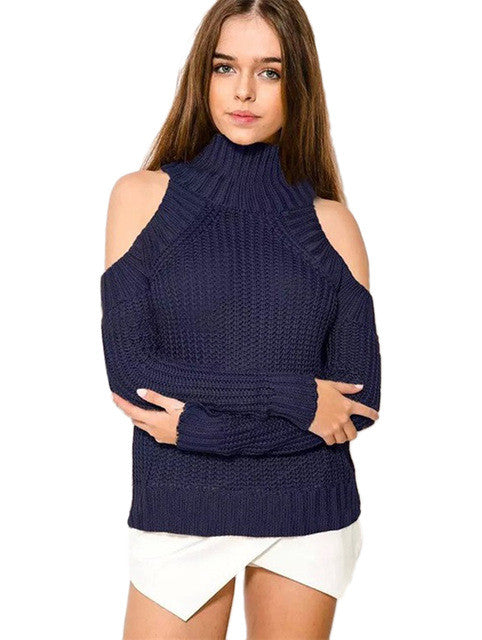 Knitting Solid White Turtleneck Full Sleeve Strapless Blue Sweater 2016 New Fashion Top Women Autumn Slim Elegant Sweater