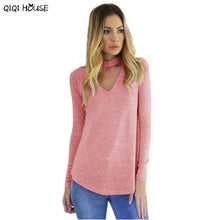 Korean Fashion Clothing Sexy V-Neck Choker Long Sleeve Solid Pink Tops Loose Casual Basic Autumn Outwear Ropa Mujer#C928