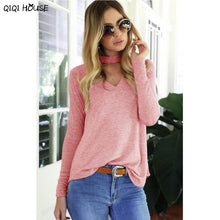 Korean Fashion Clothing Sexy V-Neck Choker Long Sleeve Solid Pink Tops Loose Casual Basic Autumn Outwear Ropa Mujer#C928