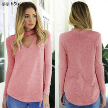 Korean Fashion Clothing Sexy V-Neck Choker Long Sleeve Solid Pink Tops Loose Casual Basic Autumn Outwear Ropa Mujer#C928