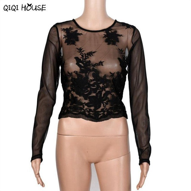 Lace Blouse Embroidery Crochet Sexy Long Sleeve Tops Transparent Basic Autumn Wear Casual Blouse Camisas Femininas 2016#C905