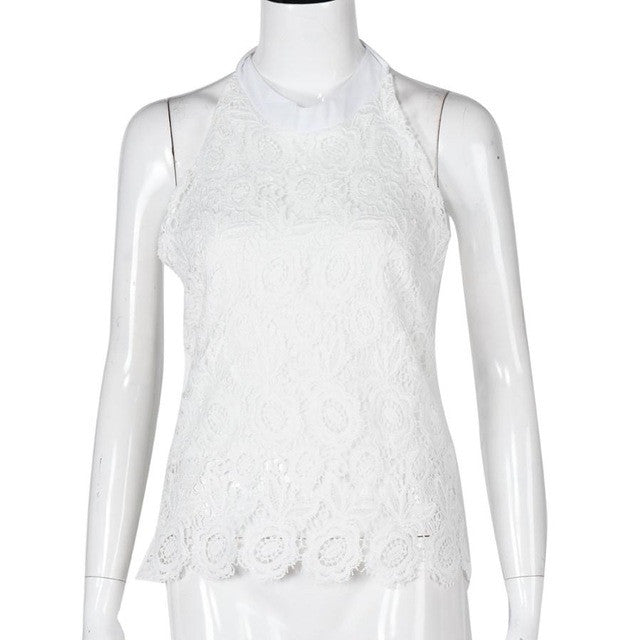 Lace Crop Top Backless Hollow Out Lacing Short Tops Solid White Sexy Loose Tank Top Blusas Croped#B721