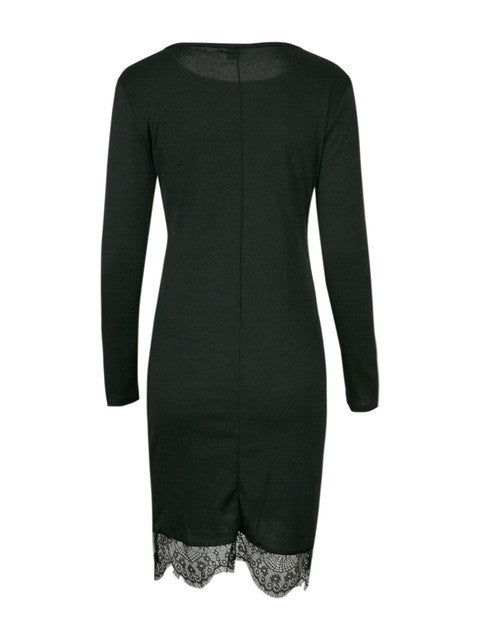 Lace O-Neck Full Sleeve Black Dress Summer Mini Solid Casual Dress Patchwork White Wave New Arrival Fashion Casual Dresses