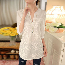 Lace Partchwork V-Neck Print Blouse Half Sleeve High Low Button White Blouse Women 2016 Autumn New Top Casual Loose Blouse