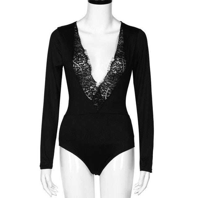 Lace Sexy Jumpsuit 2017 V-Neck Slim Long Sleeve Bodysuit Sexy Women Rompers One Piece Jumpsuit#212