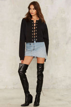 Lace Up Full Sleeve Pullover Black Solid O-Neck Cotton Loose Women 2016 Autumn New Arrival Clothing Fashion Sexy Women Sweater
