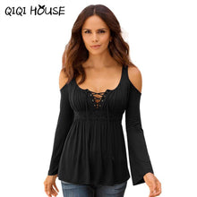 Ladies Blouses Off Shoulder Long Sleeve Casual Shirts Slim Elegant Tops Cross Bandage Flare Sleeve Shirt Blusas De Mujer#C820