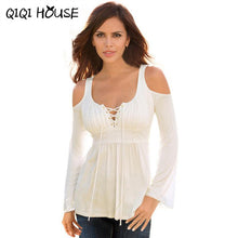 Ladies Blouses Off Shoulder Long Sleeve Casual Shirts Slim Elegant Tops Cross Bandage Flare Sleeve Shirt Blusas De Mujer#C820