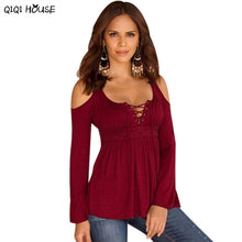 Ladies Blouses Off Shoulder Long Sleeve Casual Shirts Slim Elegant Tops Cross Bandage Flare Sleeve Shirt Blusas De Mujer#C820