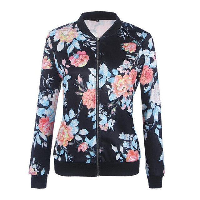 Ladies Jackets Printing Floral Bombers Baseball Jacket Women Long Sleeve Jacket Woman Doudoune Femme#C822