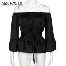 Ladies Tops Off Shoulder Stain Flare Sleeve Loose Solid Blouse Slash Pleated Bow Sexy Black Shirts Chemise Femme#D823