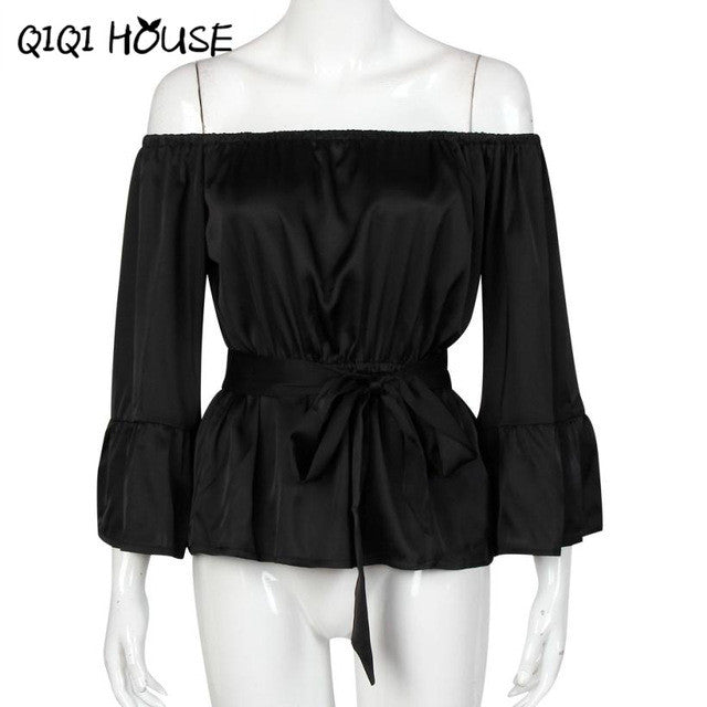 Ladies Tops Off Shoulder Stain Flare Sleeve Loose Solid Blouse Slash Pleated Bow Sexy Black Shirts Chemise Femme#D823