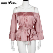 Ladies Tops Off Shoulder Stain Flare Sleeve Loose Solid Blouse Slash Pleated Bow Sexy Black Shirts Chemise Femme#D823