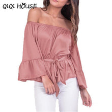 Ladies Tops Off Shoulder Stain Flare Sleeve Loose Solid Blouse Slash Pleated Bow Sexy Black Shirts Chemise Femme#D823