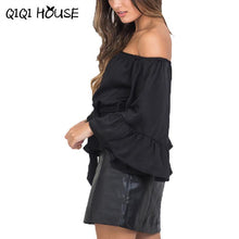 Ladies Tops Off Shoulder Stain Flare Sleeve Loose Solid Blouse Slash Pleated Bow Sexy Black Shirts Chemise Femme#D823