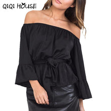 Ladies Tops Off Shoulder Stain Flare Sleeve Loose Solid Blouse Slash Pleated Bow Sexy Black Shirts Chemise Femme#D823