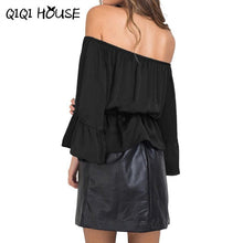 Ladies Tops Off Shoulder Stain Flare Sleeve Loose Solid Blouse Slash Pleated Bow Sexy Black Shirts Chemise Femme#D823