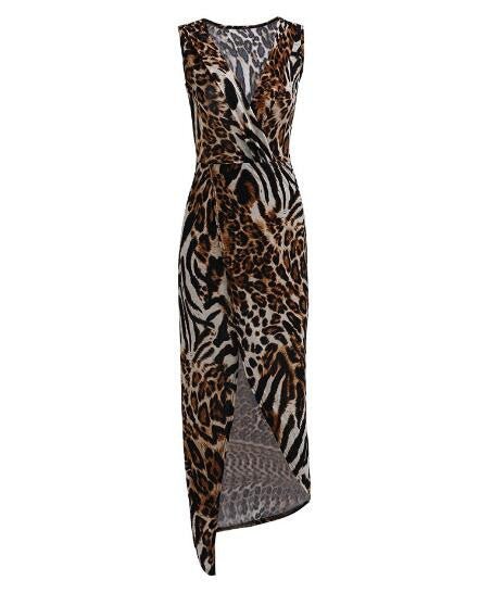 Leopard Tiger Print Deep V Neck High Split On Front Sleeveless Peplum Long Maxi Dress Summer Club 2016 Fashion Party Summer