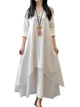 Linen Solid Half Sleeve Ruched V-neck Double Layers Button White Plus Size 3XL Elegant Loose Dress 2016 New Women Autumn Dresses