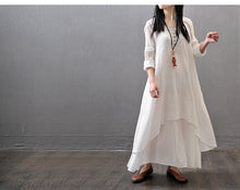 Linen Solid Half Sleeve Ruched V-neck Double Layers Button White Plus Size 3XL Elegant Loose Dress 2016 New Women Autumn Dresses