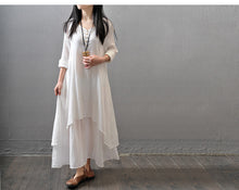Linen Solid Half Sleeve Ruched V-neck Double Layers Button White Plus Size 3XL Elegant Loose Dress 2016 New Women Autumn Dresses