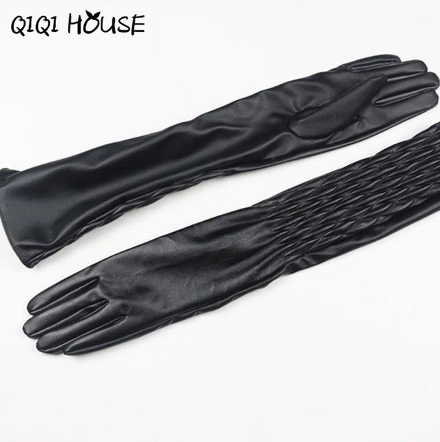 Long Gloves Women PU Leather Winter Long Gloves Waterproof Luva De Academia Sexy Warm Gloves #B817