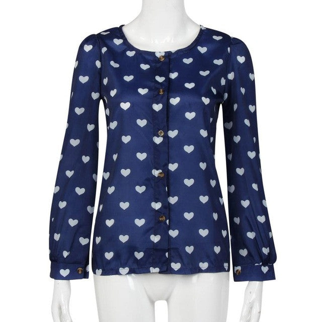 Long Sleeve Blous Printing Heart Loose Casual Tops Button Chiffon Ladies Cute Basic Wear Chemise Femme Manche Longue#B819