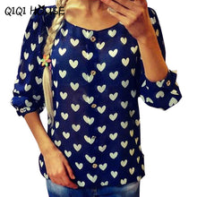 Long Sleeve Blous Printing Heart Loose Casual Tops Button Chiffon Ladies Cute Basic Wear Chemise Femme Manche Longue#B819