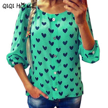 Long Sleeve Blous Printing Heart Loose Casual Tops Button Chiffon Ladies Cute Basic Wear Chemise Femme Manche Longue#B819