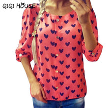 Long Sleeve Blous Printing Heart Loose Casual Tops Button Chiffon Ladies Cute Basic Wear Chemise Femme Manche Longue#B819
