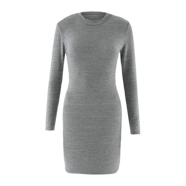 Long Sleeve Dress Gray Solid Sexy Slim Autumn Dress Casual Basic Bodycon Mini Dress Vestidos De Mujer#C101