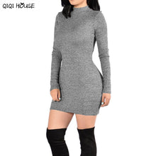 Long Sleeve Dress Gray Solid Sexy Slim Autumn Dress Casual Basic Bodycon Mini Dress Vestidos De Mujer#C101