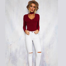 Long Sleeve Sexy Rompers Chocker Sexy V-Neck Women Bodysuits Slim Solid Rompers For Women #112