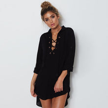 Long Style Chiffon Shirts Women Long Sleeve V Neck Lacing Up Summer Casual Thin Womens Blouses Loose Tops Female Clothes 2017#52