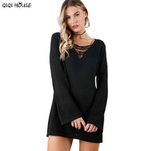 Long Sweater Women Autumn Long Sleeve Loose Cross Bandage Hollow Out Women Blouse Pullovers Top Ropa Mujer#C106