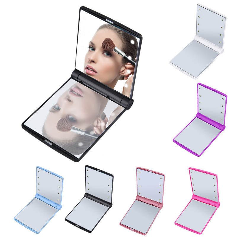 Makeup Mirrors Mini Portable Folding Compact Hand Cosmetic Make Up Pocket Mirror with 8 LED Light for Lady