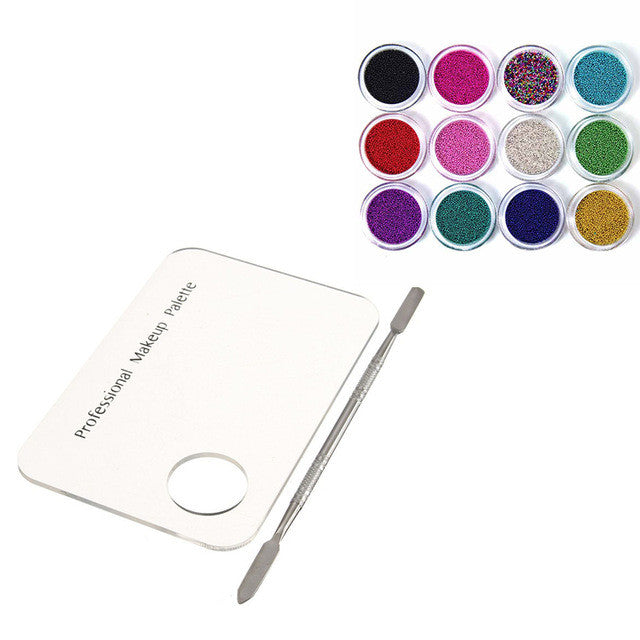 Makeup Nail Art Acrylic Palette + Stainless Steel Pusher Knife + Nail Art Caviar Manicure Makeup Tool Kits