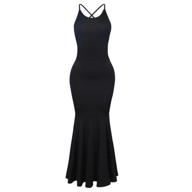 Maxi Dress Cross Bandage Backless Spaghettu Strap Silhouette Fishtail Sexy Dress Vestidos Longos#B708