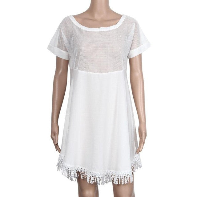 Mesh Dress Summer Sundresses Hollow Out Tassel Perspective Shirts Clothing Vestidos De Renda Roupas#B714