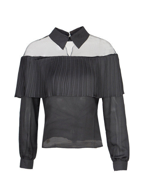 Mesh Ruffle Sheer Long Sleeve Turn Down Collar Fashion Black White Summer Office Lady Top Casual Women Shirt