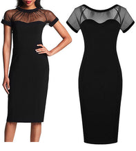Mesh See Through Patchwork Black Knee Length Elegant Office Lady Work Dress 2016 Women Clothing Summer New Arrival Crepe