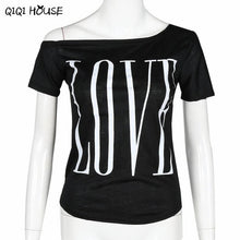 Moda Mujer Letter Printing LOVE Off Shoulder Short Sleeve T-Shirts Boat Neck Casual Tops T-Shirt Summer Style#B812