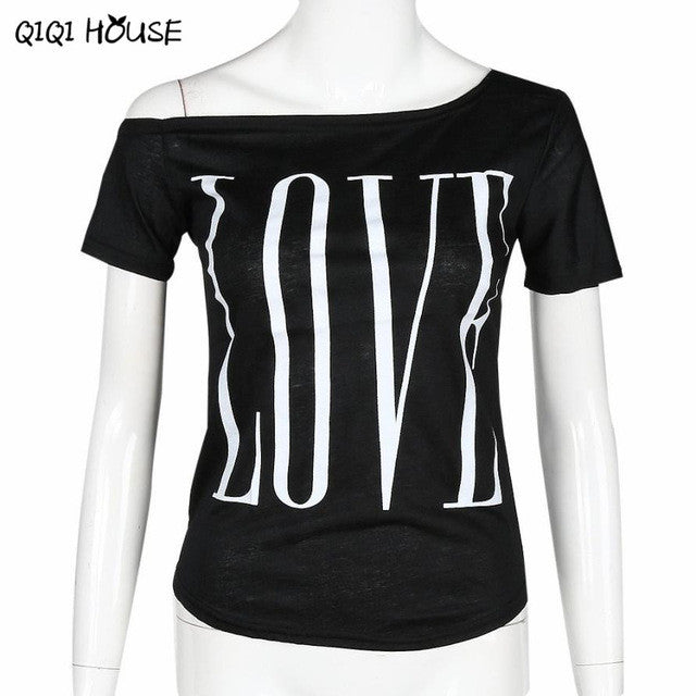 Moda Mujer Letter Printing LOVE Off Shoulder Short Sleeve T-Shirts Boat Neck Casual Tops T-Shirt Summer Style#B812