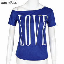Moda Mujer Letter Printing LOVE Off Shoulder Short Sleeve T-Shirts Boat Neck Casual Tops T-Shirt Summer Style#B812