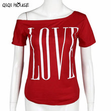 Moda Mujer Letter Printing LOVE Off Shoulder Short Sleeve T-Shirts Boat Neck Casual Tops T-Shirt Summer Style#B812